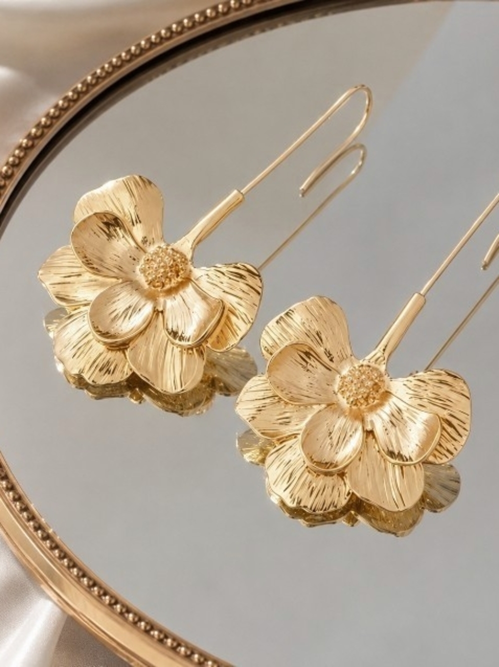 Gold Camellia Flower Statement Earrings